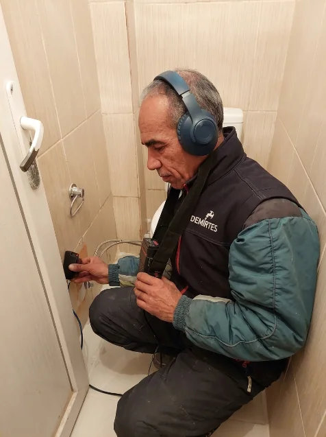 Demir Tesisat ustası akustik dinleme cihazı ile kaçak noktasını tespit ederken